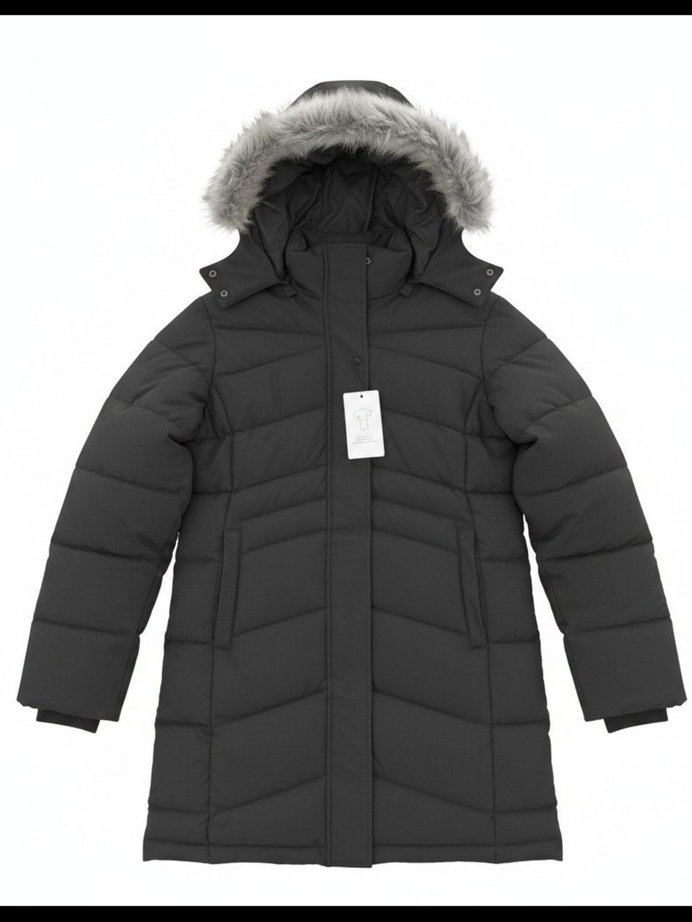 Wantdo - Long Quilted Hooded Puffer Coat with Faux Fur Trim - Black (18-20)
